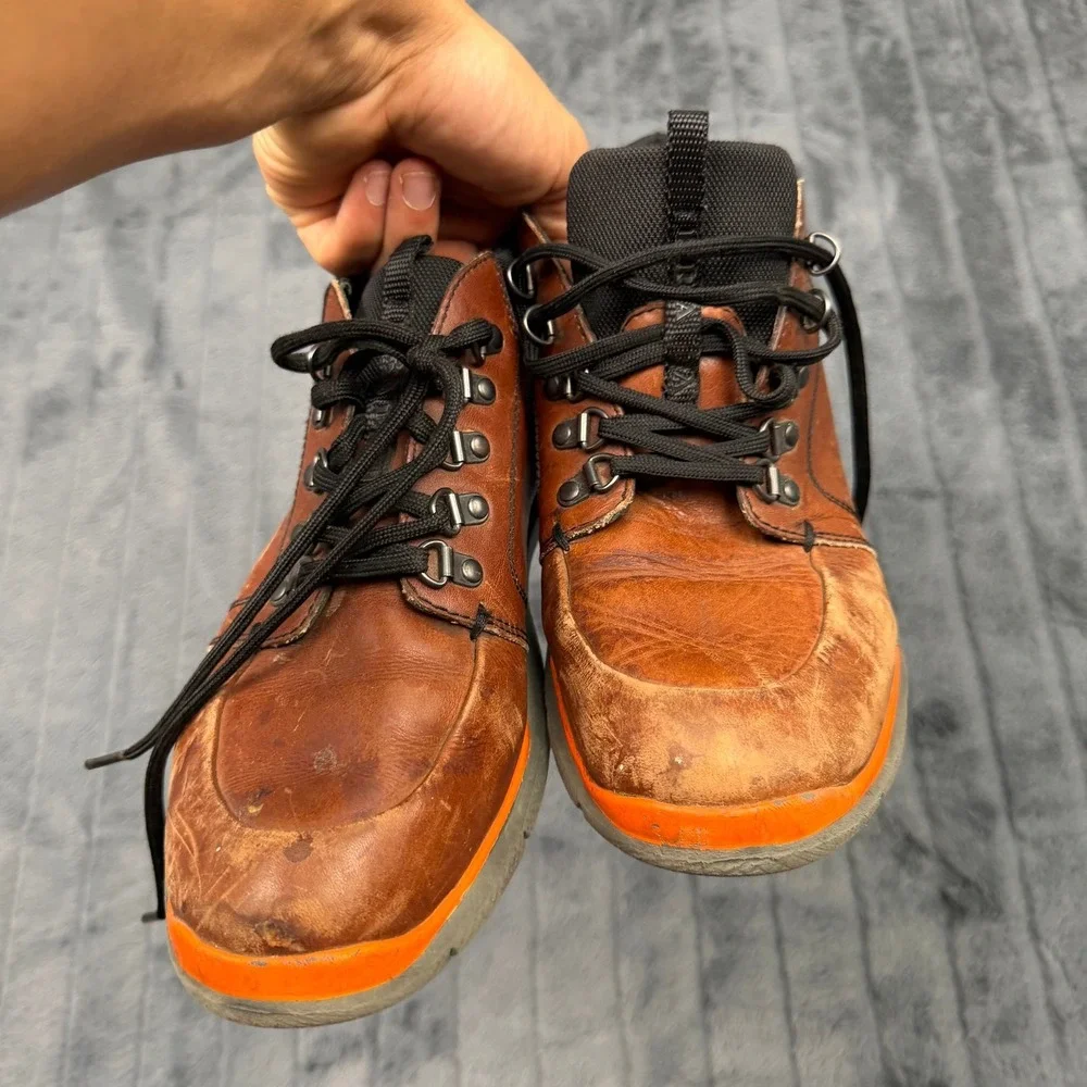 Prada 4E 2282 Hiking Sneaker Mens 8.5 Brown Orange Leather Mesh Mid Top